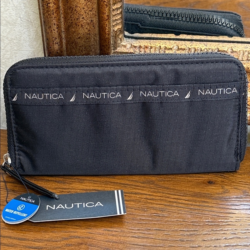 Nautica Black Nylon Wallet. Zip across top/sides. With RFID Blocking protection.